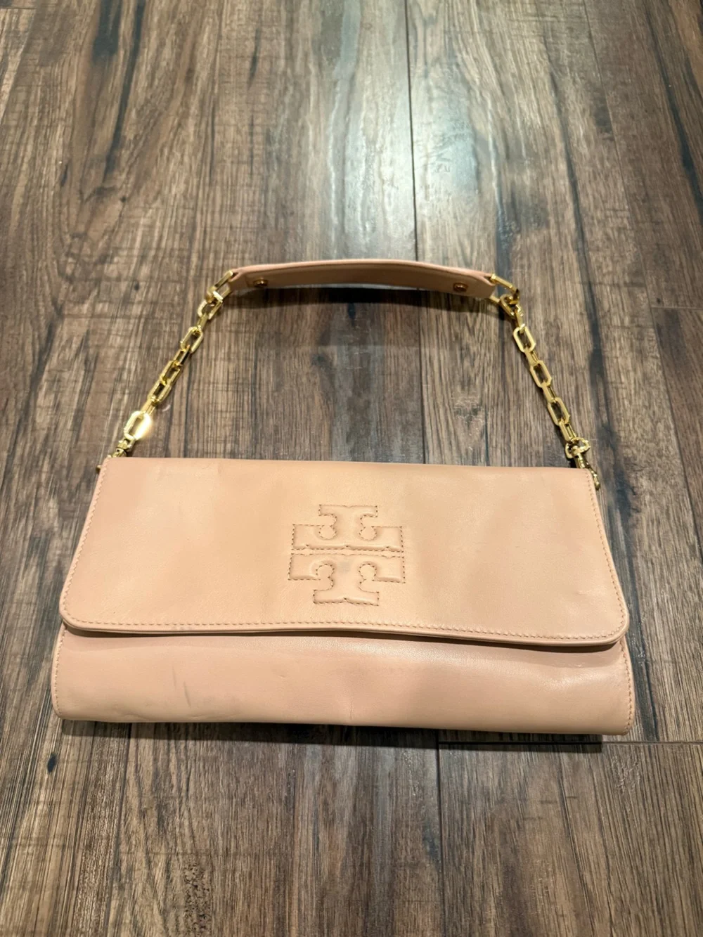 Tory Burch Blush Leather Fold-Over Wristlet with Gold Chain